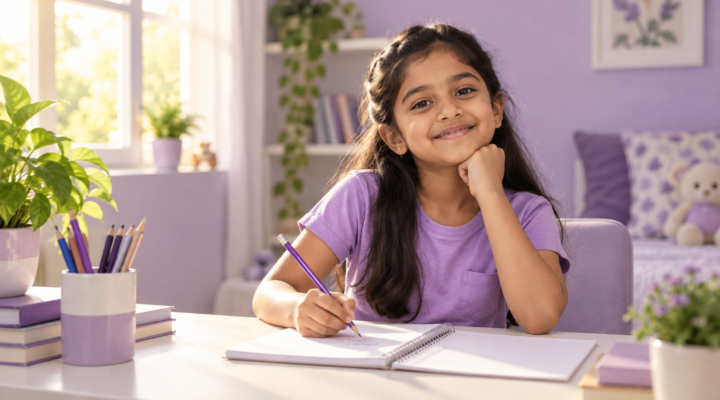 Girl working on a math problem, with the title Math Fear in Children. No abacus.