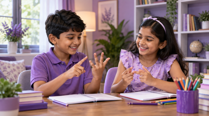 Two children exploring numbers with finger counting, with the title Vedic Math for Kids in India. No abacus.