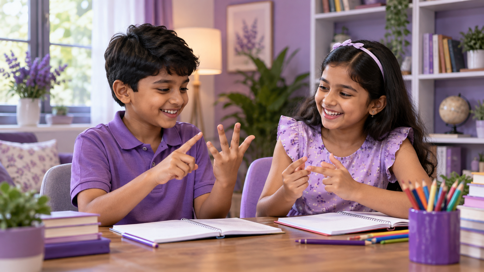 Two children exploring numbers with finger counting, with the title Vedic Math for Kids in India. No abacus.